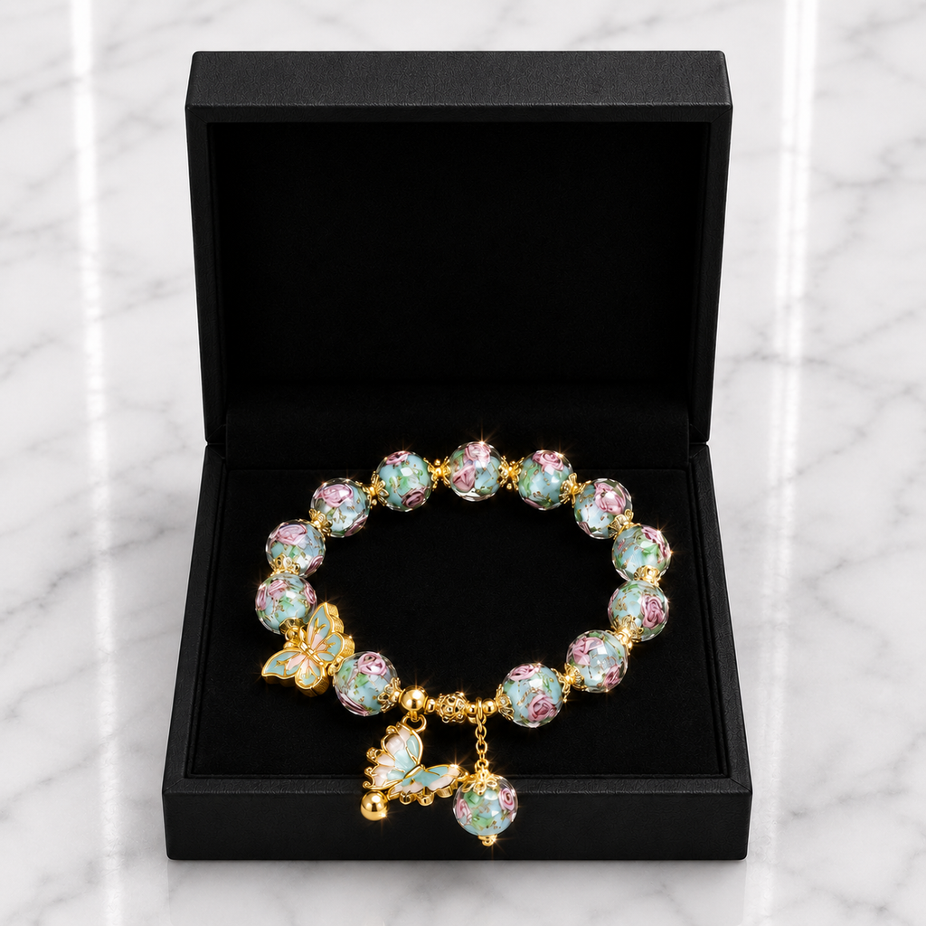 Floral Rose Bead & Butterfly Charm Bracelet