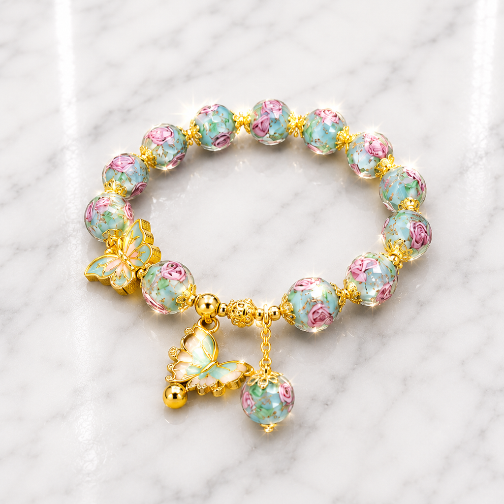 Floral Rose Bead & Butterfly Charm Bracelet