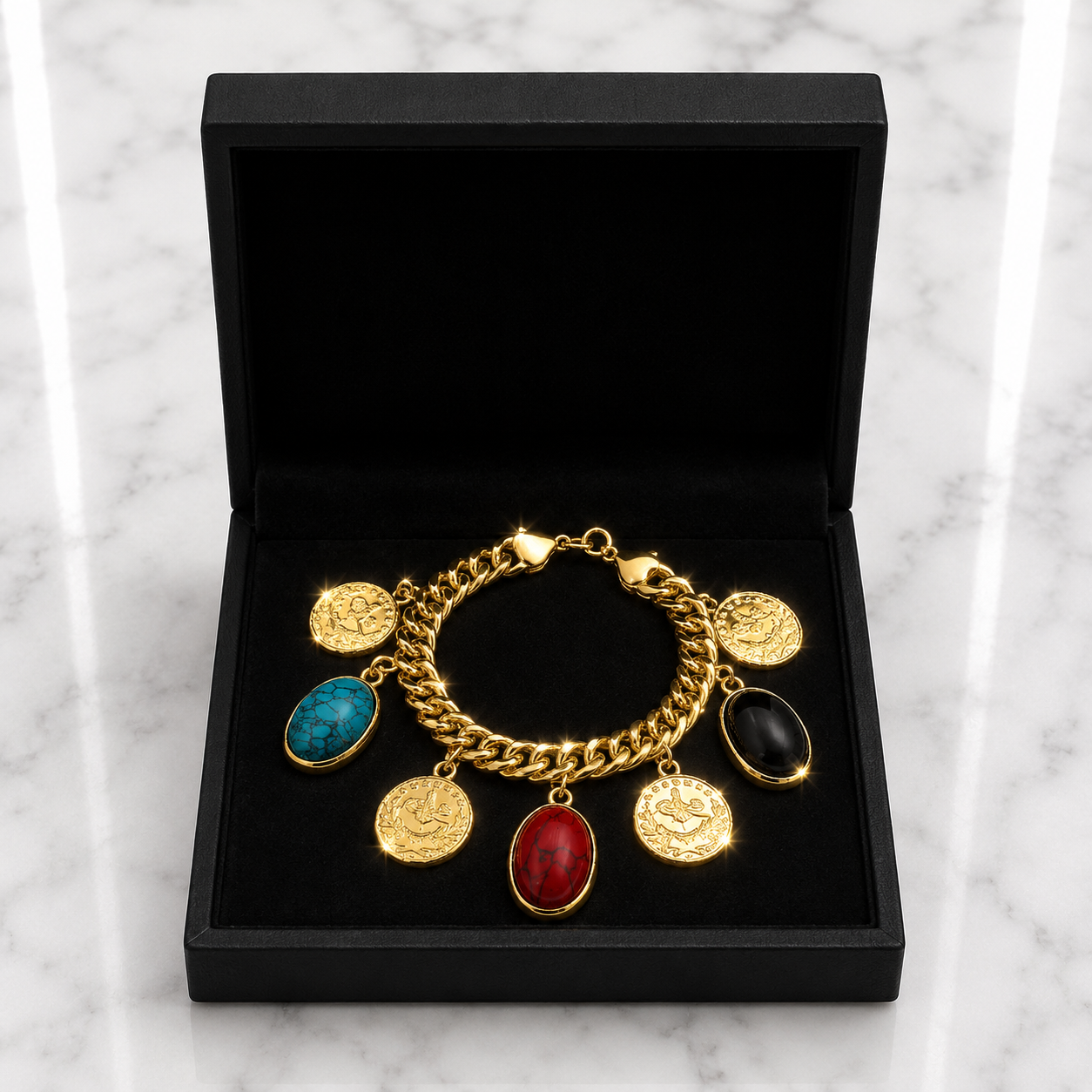Gold Coin & Gemstone Charm Curb Chain Bracelet