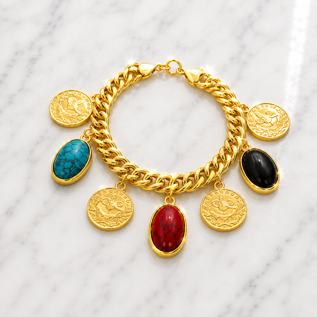 Gold Coin & Gemstone Charm Curb Chain Bracelet