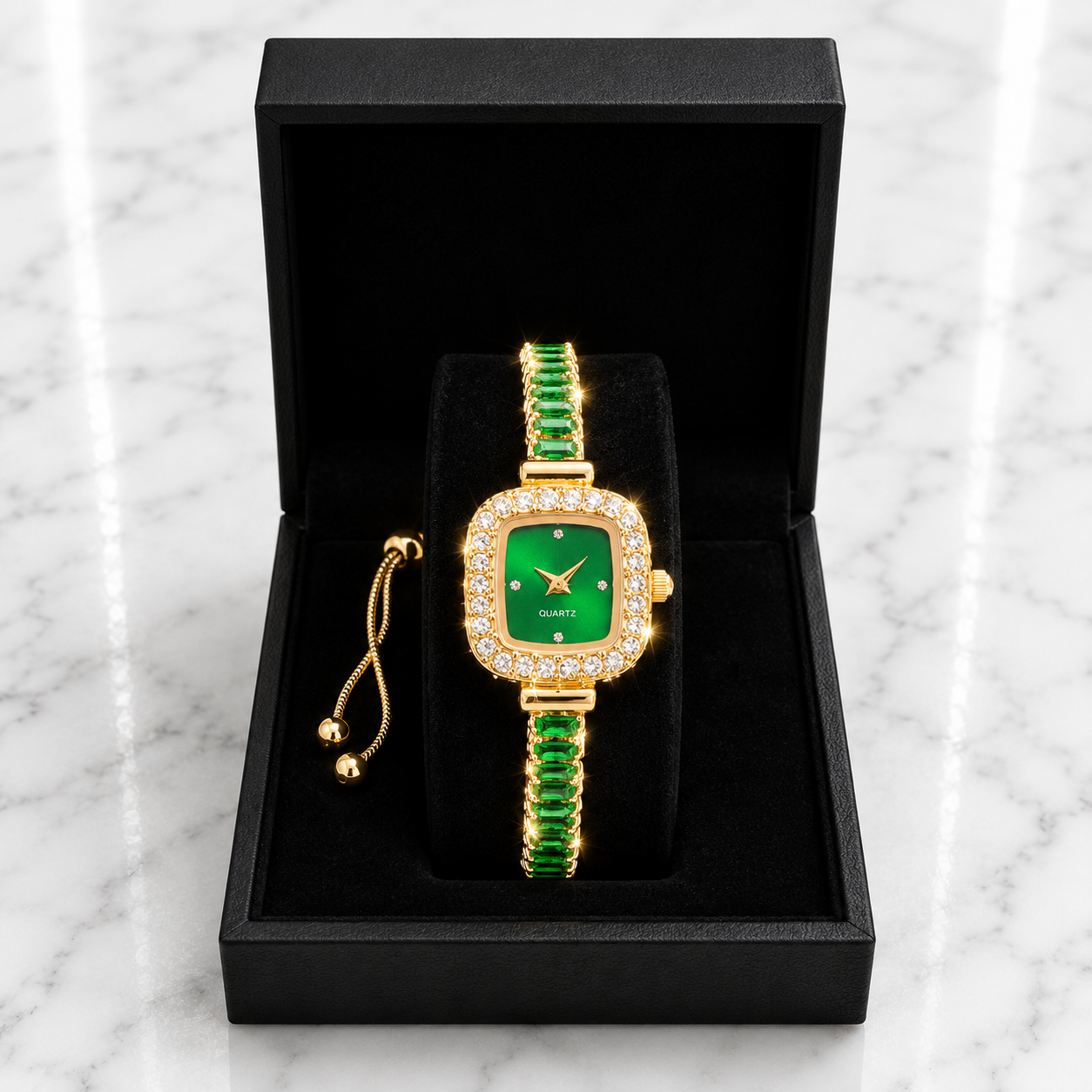 Emerald Green Crystal Quartz Watch & Bracelet Gift Set