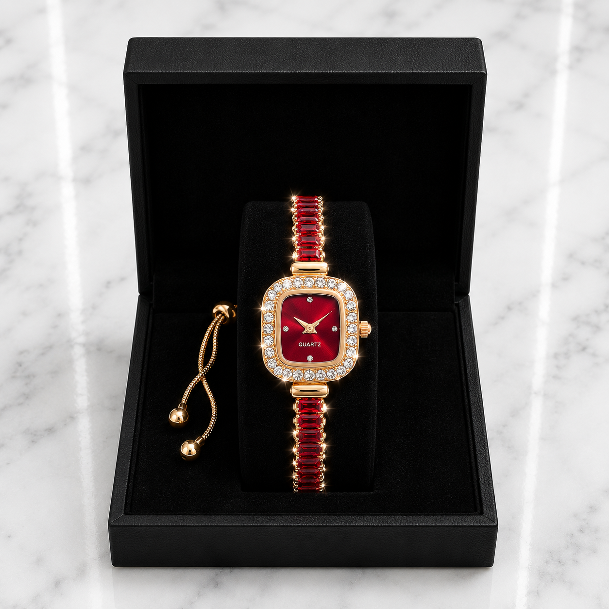 Ruby Red Crystal Quartz Watch & Bracelet Gift Set