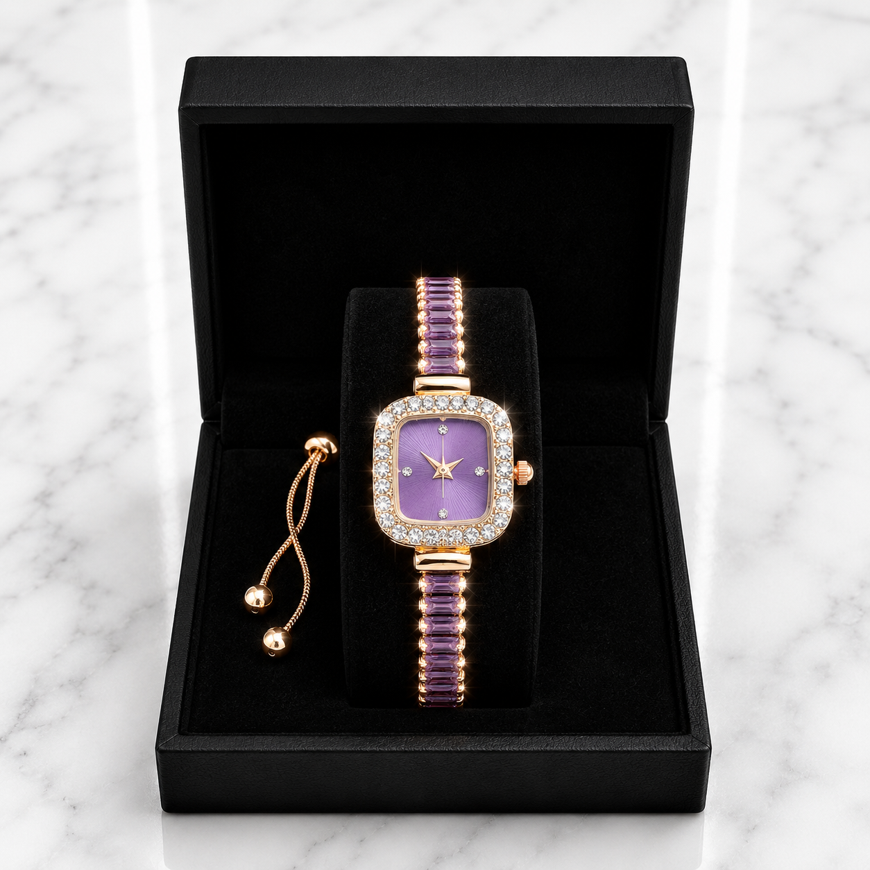 Amethyst Purple Crystal Quartz Watch & Bracelet Gift Set