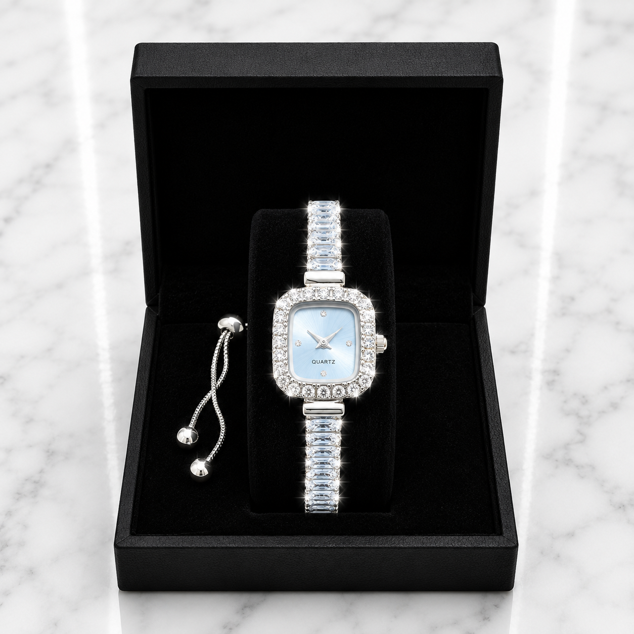 Ice Blue Silver Crystal Quartz Watch & Bracelet Gift Set