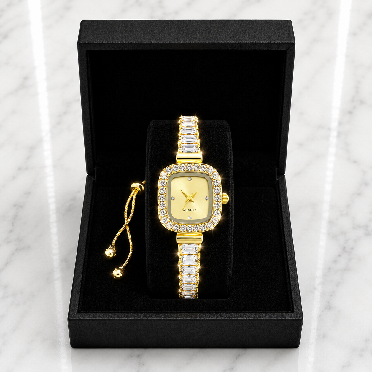 Gold Iced Out Crystal Quartz Watch & Bracelet Gift Set