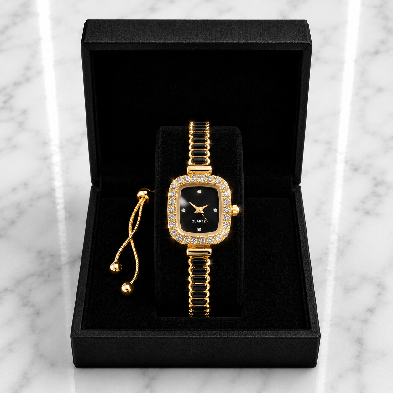 Black & Gold Crystal Quartz Watch & Bracelet Gift Set