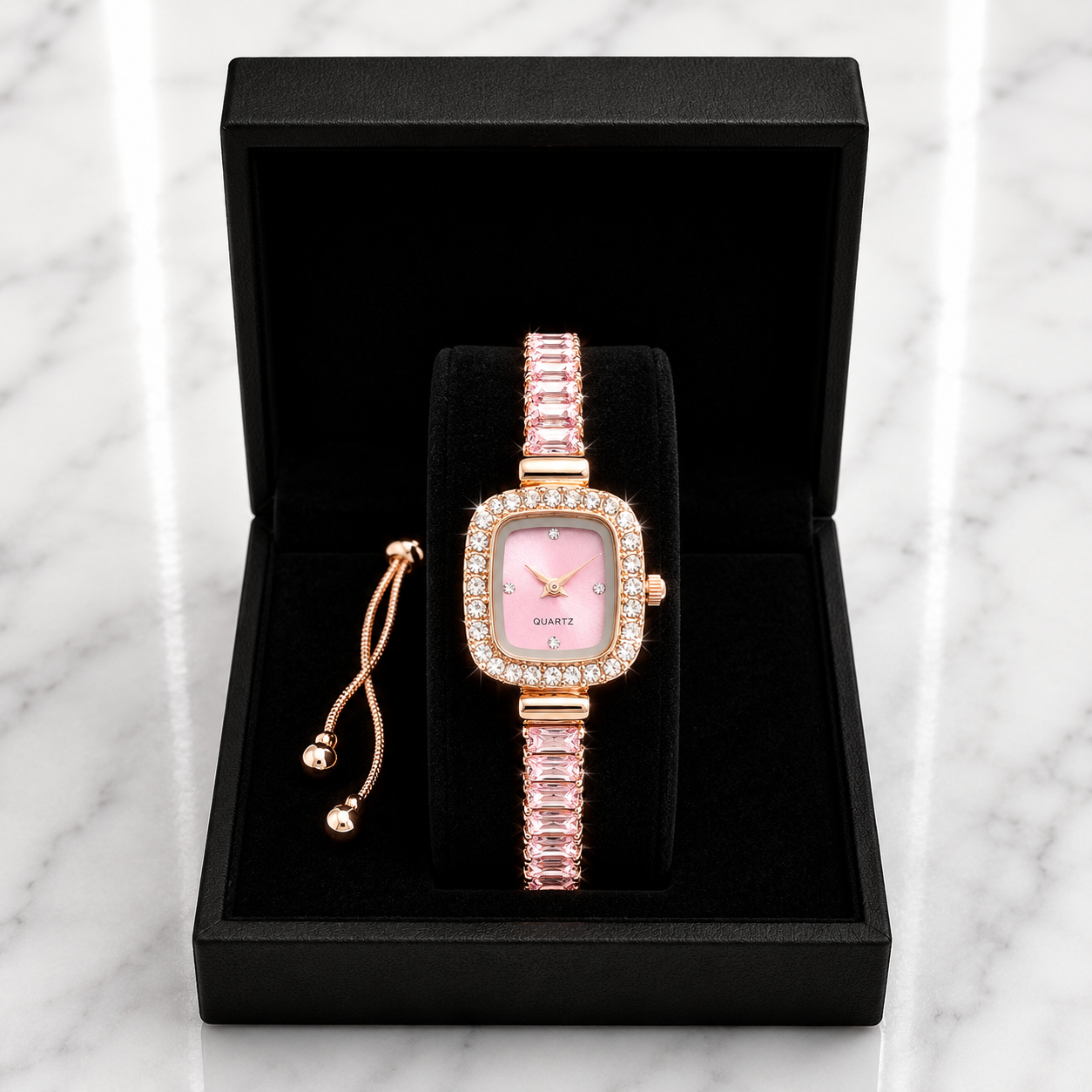 Pink Rose Gold Crystal Quartz Watch & Bracelet Gift Set