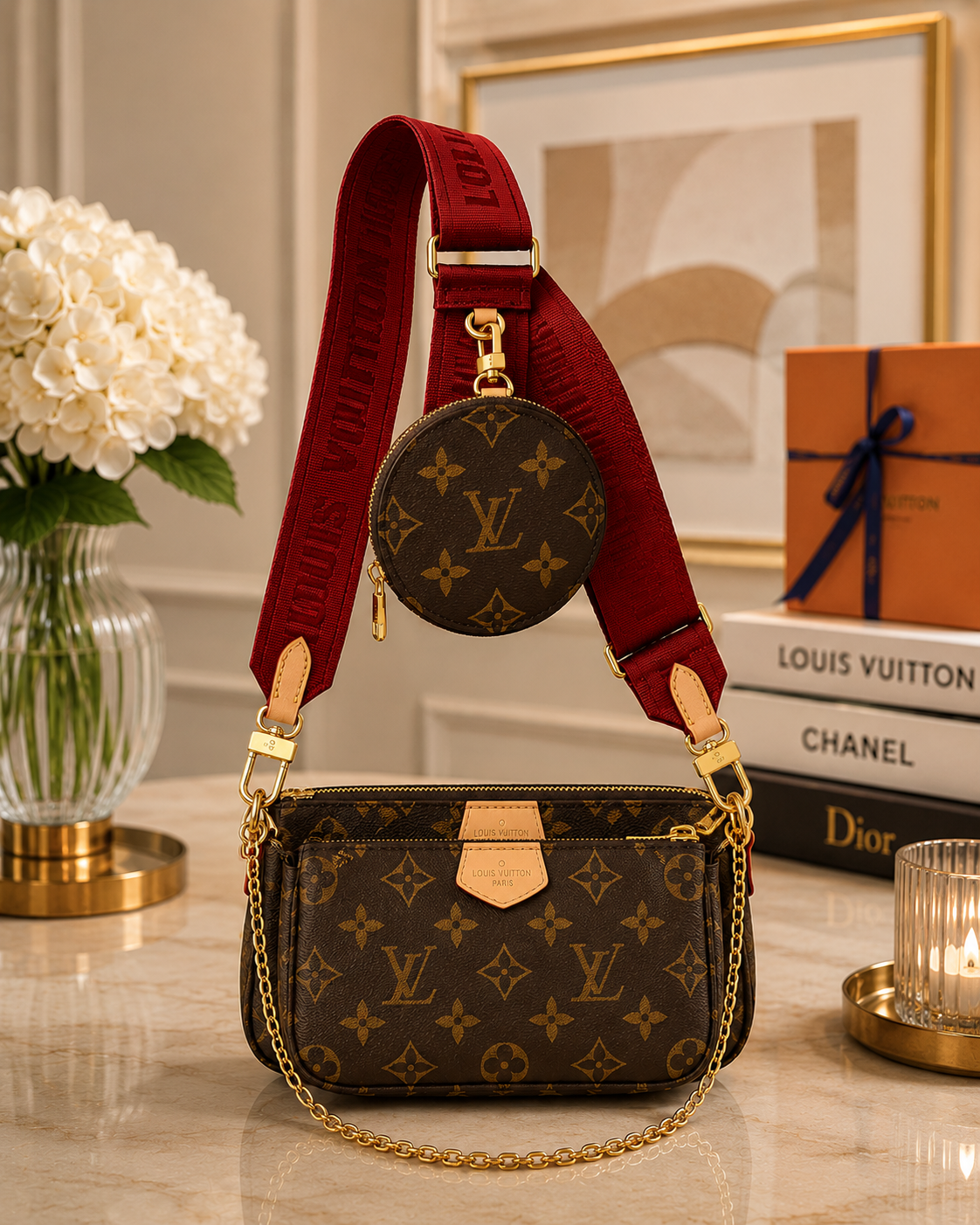 Louis Vuitton Multi Pochette Accessoires with Red Strap