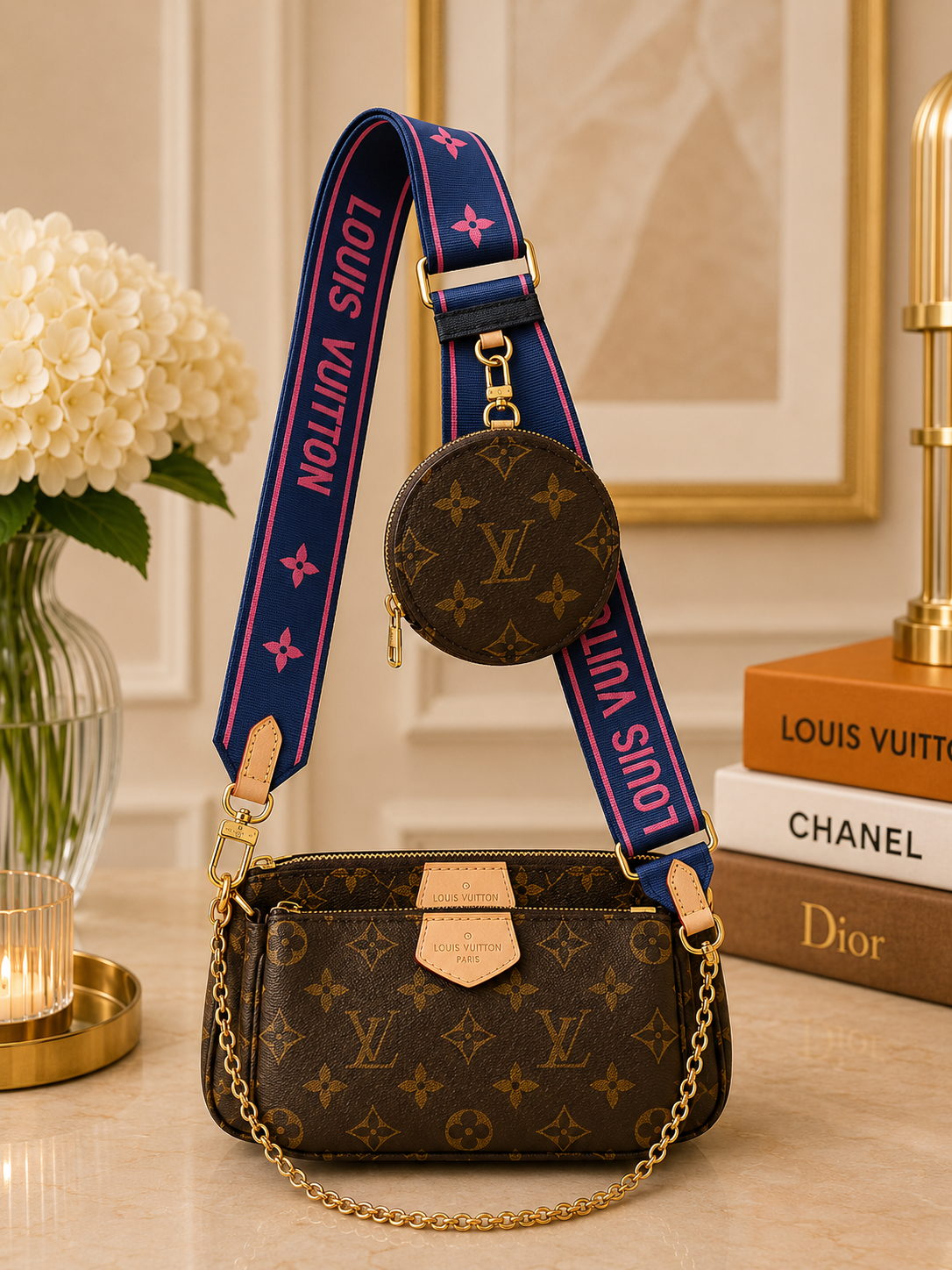 Louis Vuitton Multi Pochette Accessoires with Navy & Pink Strap