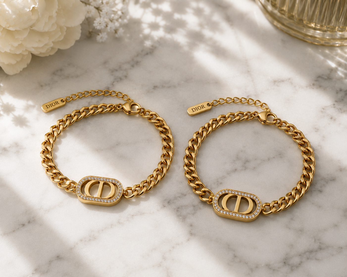 2pc Luxury Diamond Rhinestone Curb Chain Bracelet Set