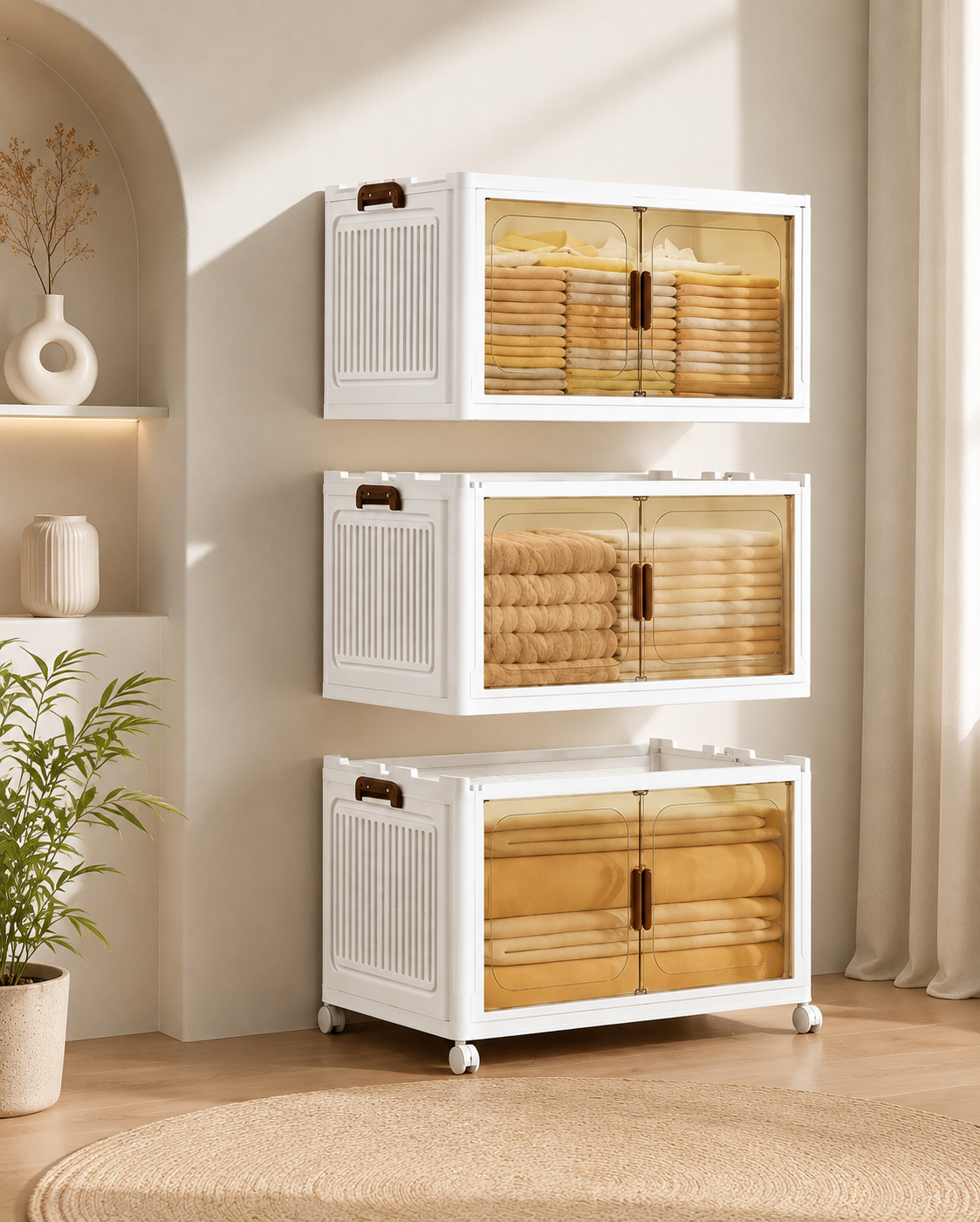 3 Tier Storage Cabinet w/ Doors Wheels Stackable Folding Organizer White
