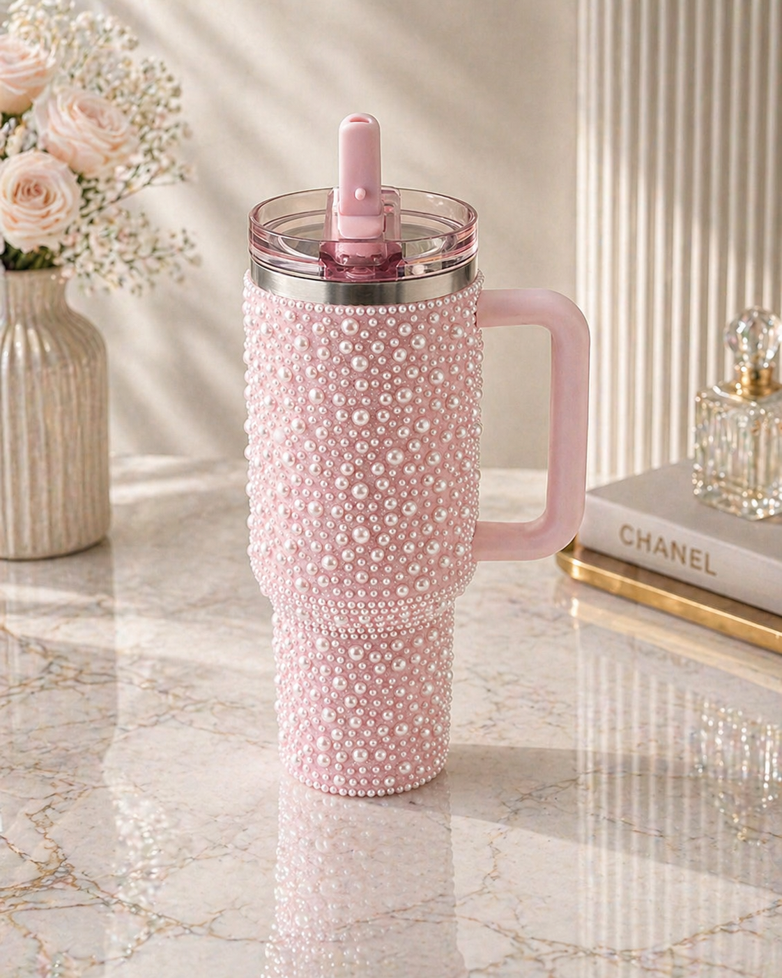 40oz Pink and White Pearl Rhinestone Tumbler w/ Handle Lid Straw Insulated
