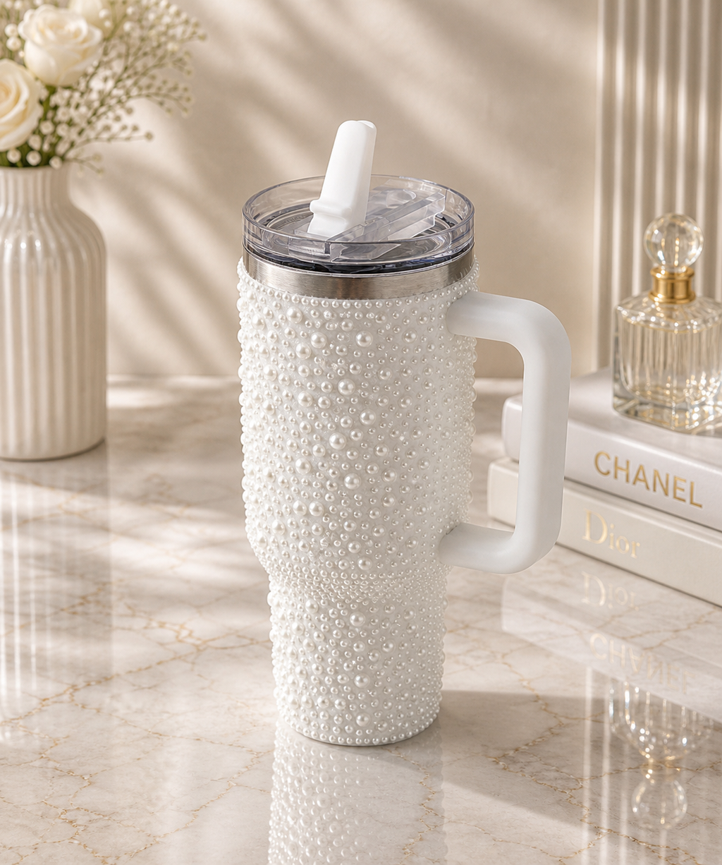 40oz Pink and White Pearl Rhinestone Tumbler w/ Handle Lid Straw Insulated