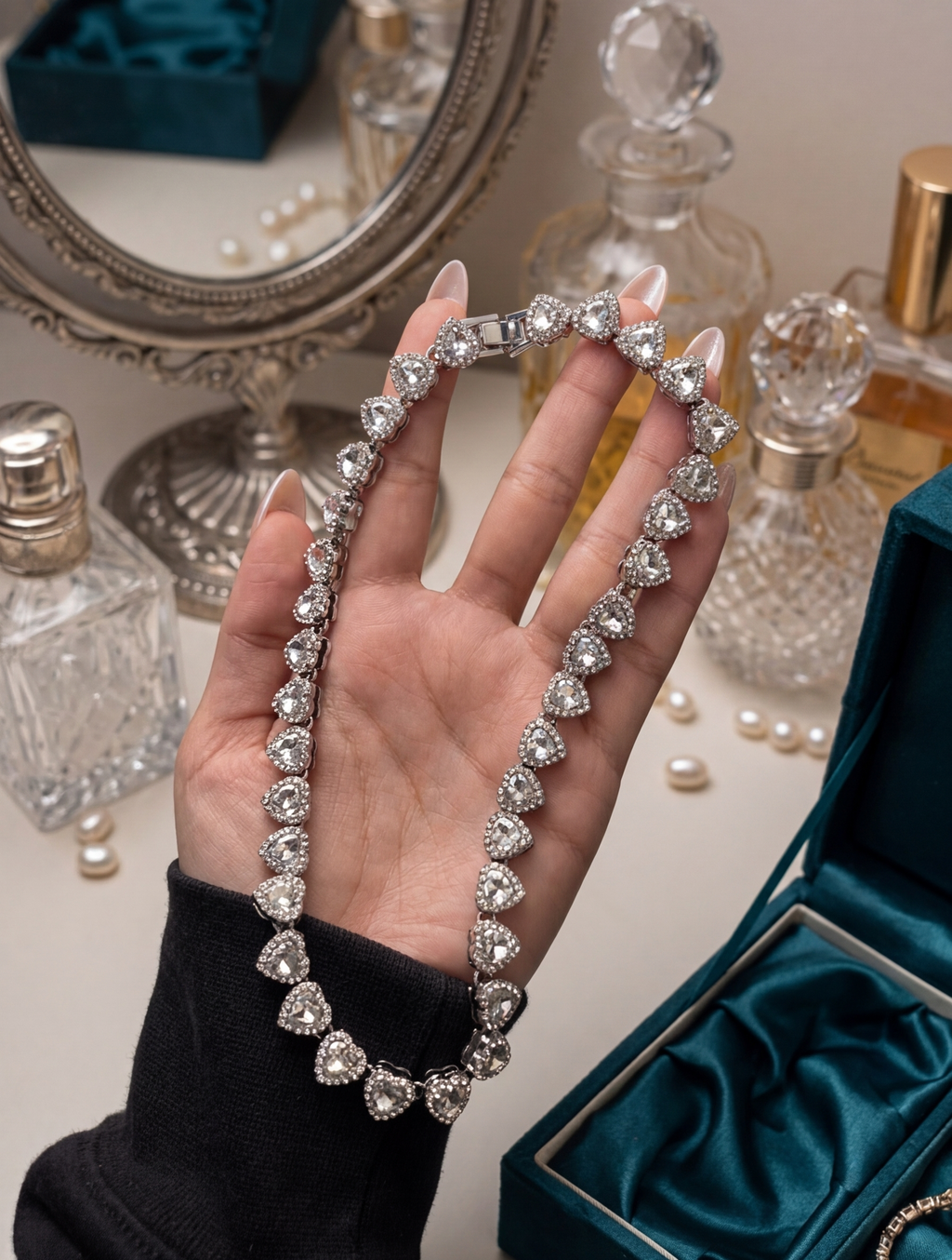 4pc Heart Jewelry Set Silver Tone Necklace Bracelet Earrings Gift Set