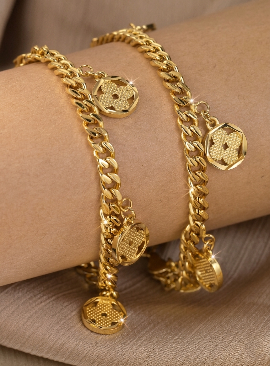 2Pc Gold Tone Charm Bracelet Set Fashion Jewelry Gift