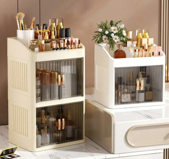 3-Layer Makeup Storage Box Cosmetic Organizer with Sliding Door & Clear Cover