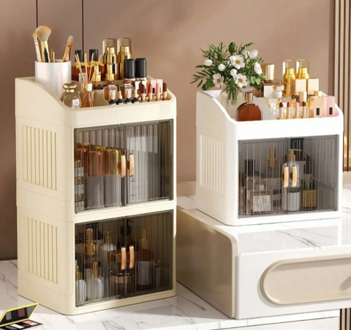 3-Layer Makeup Storage Box Cosmetic Organizer with Sliding Door & Clear Cover