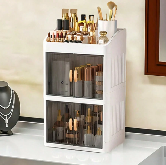 3-Layer Makeup Storage Box Cosmetic Organizer with Sliding Door & Clear Cover