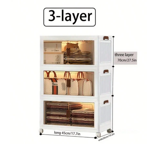 3 Tier Storage Cabinet w/ Doors Wheels Stackable Folding Organizer White